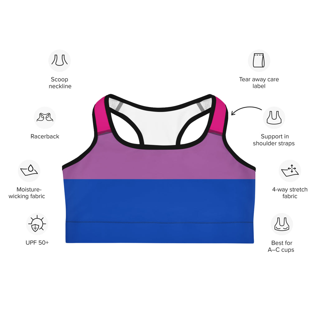 Women’s bisexual flag quick drying sports bra with bi-gender pride pink purple and blue color-blocked racerback design