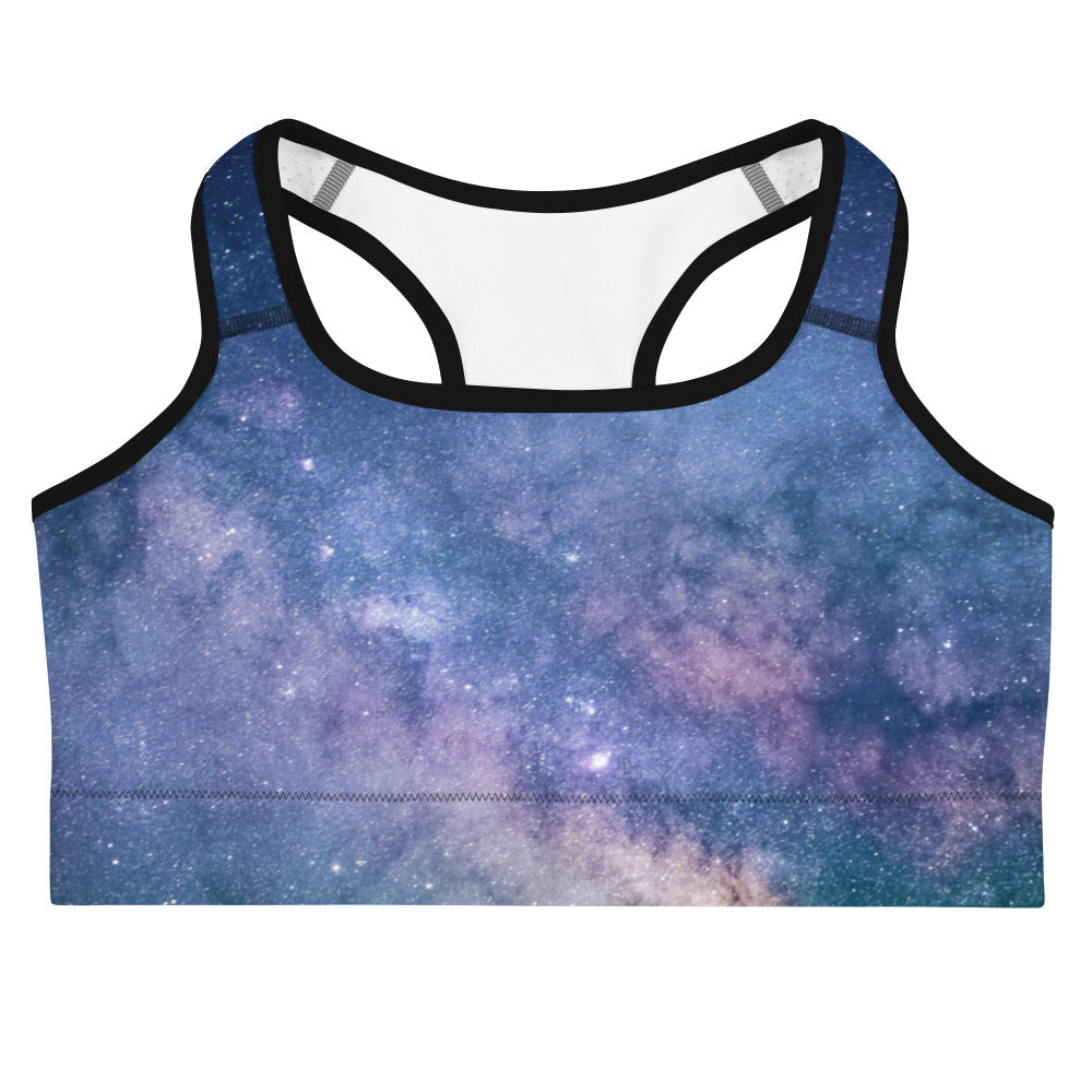 Women’s realistic galaxy quick drying sports bra with vibrant blue purple and pink galaxy print and starry night design