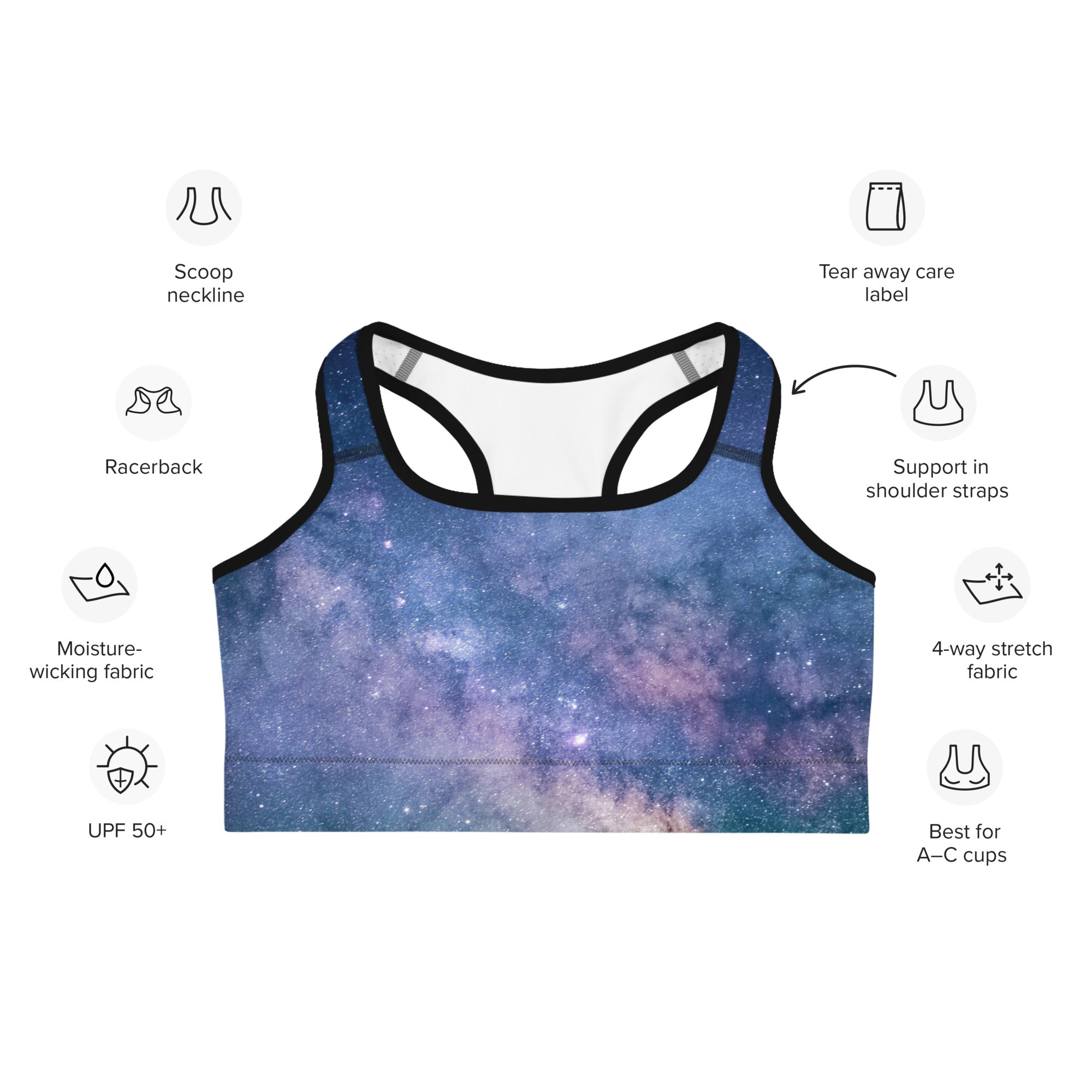 Women’s realistic galaxy quick drying racerback sports bra in blue and purple with black trim shown from the back