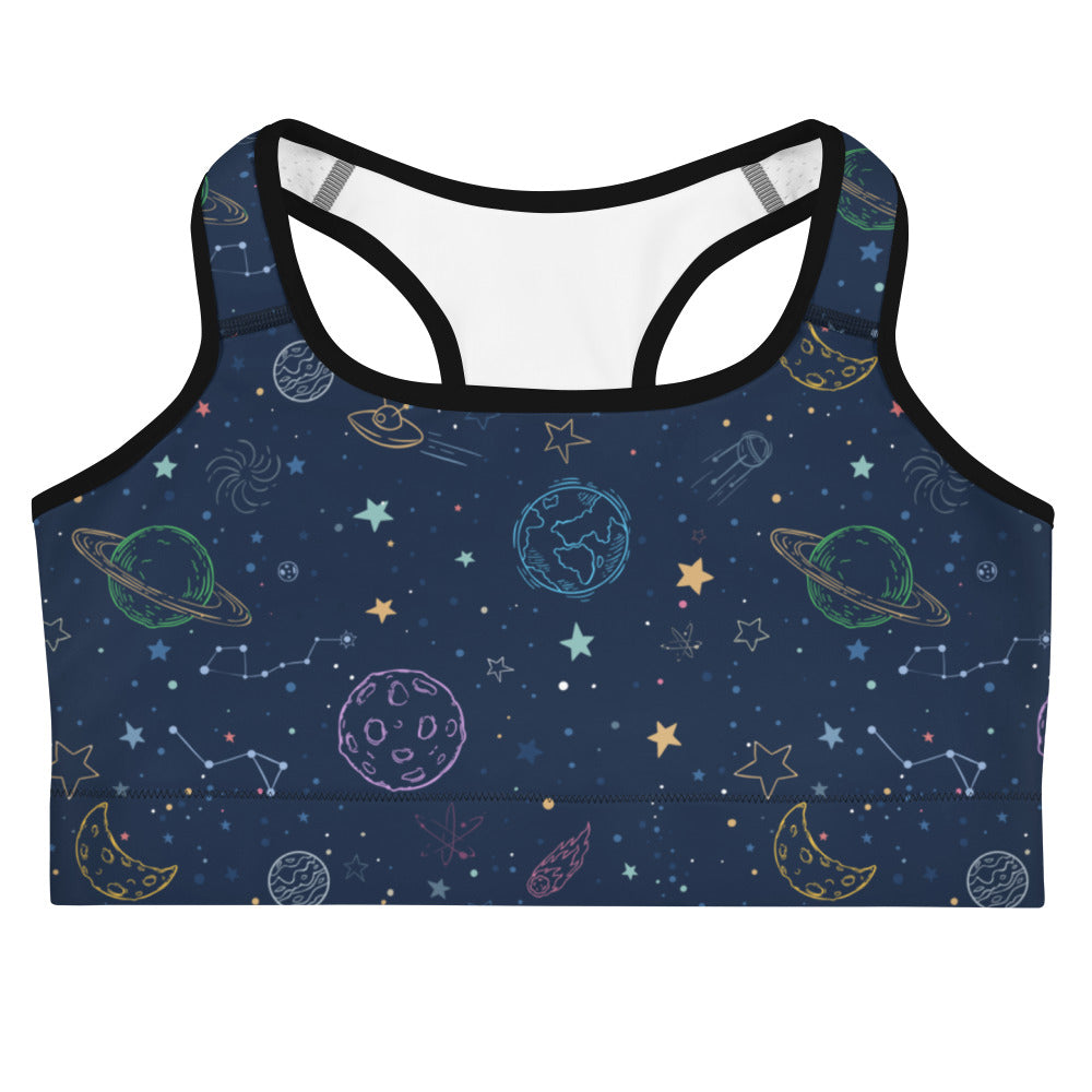 A navy blue women’s quick drying sports bra with a colorful galaxy space design featuring planets and stars