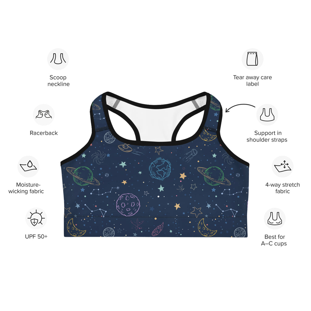 Dark blue quick drying racerback sports bra with colorful celestial illustrations and black trim for women