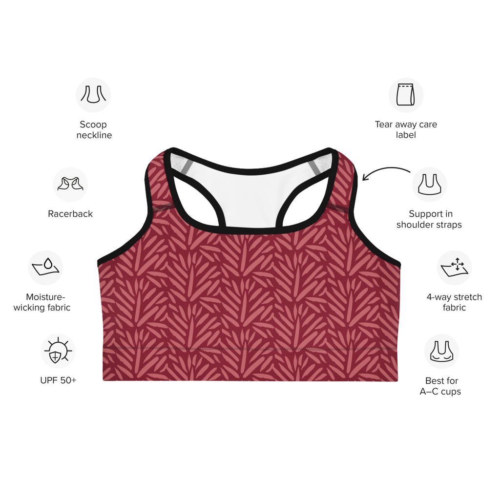 Women’s burgundy leaf quick drying sports bra in maroon with leaf pattern and black trim for active wear