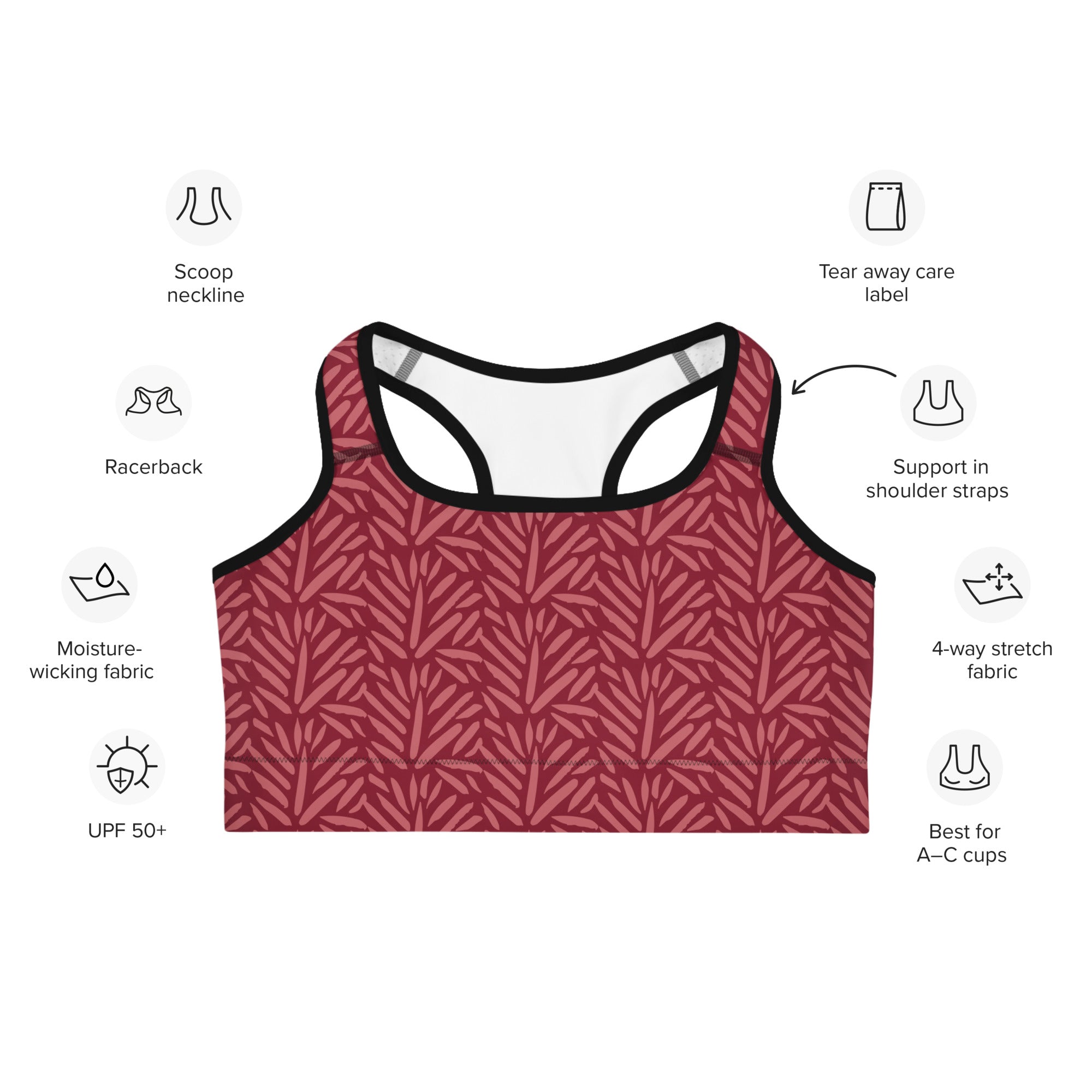 Women’s burgundy leaf quick drying sports bra in maroon with leaf pattern and black trim for active wear