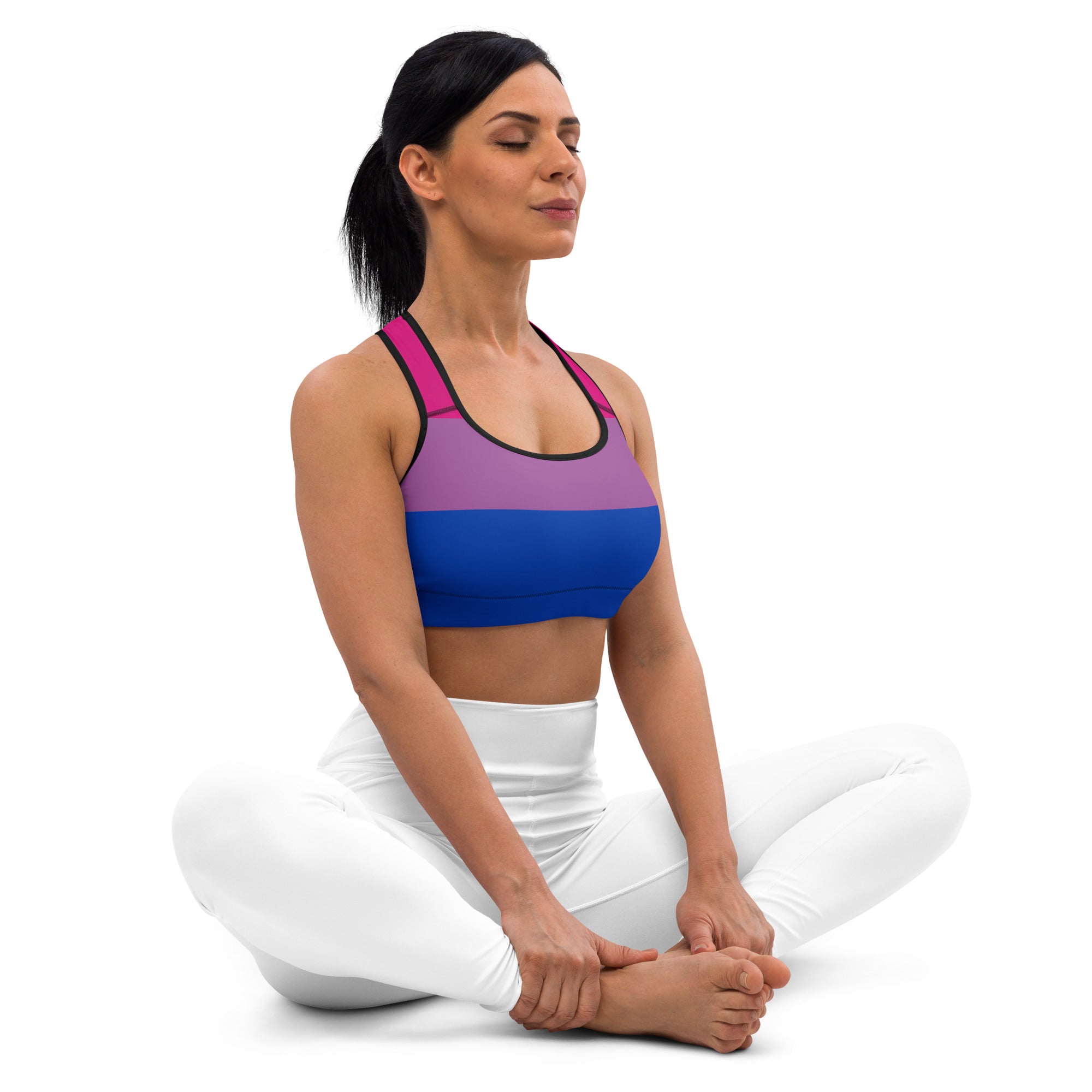 Women’s bisexual flag quick drying sports bra with pink purple blue gradient and black trim for active use