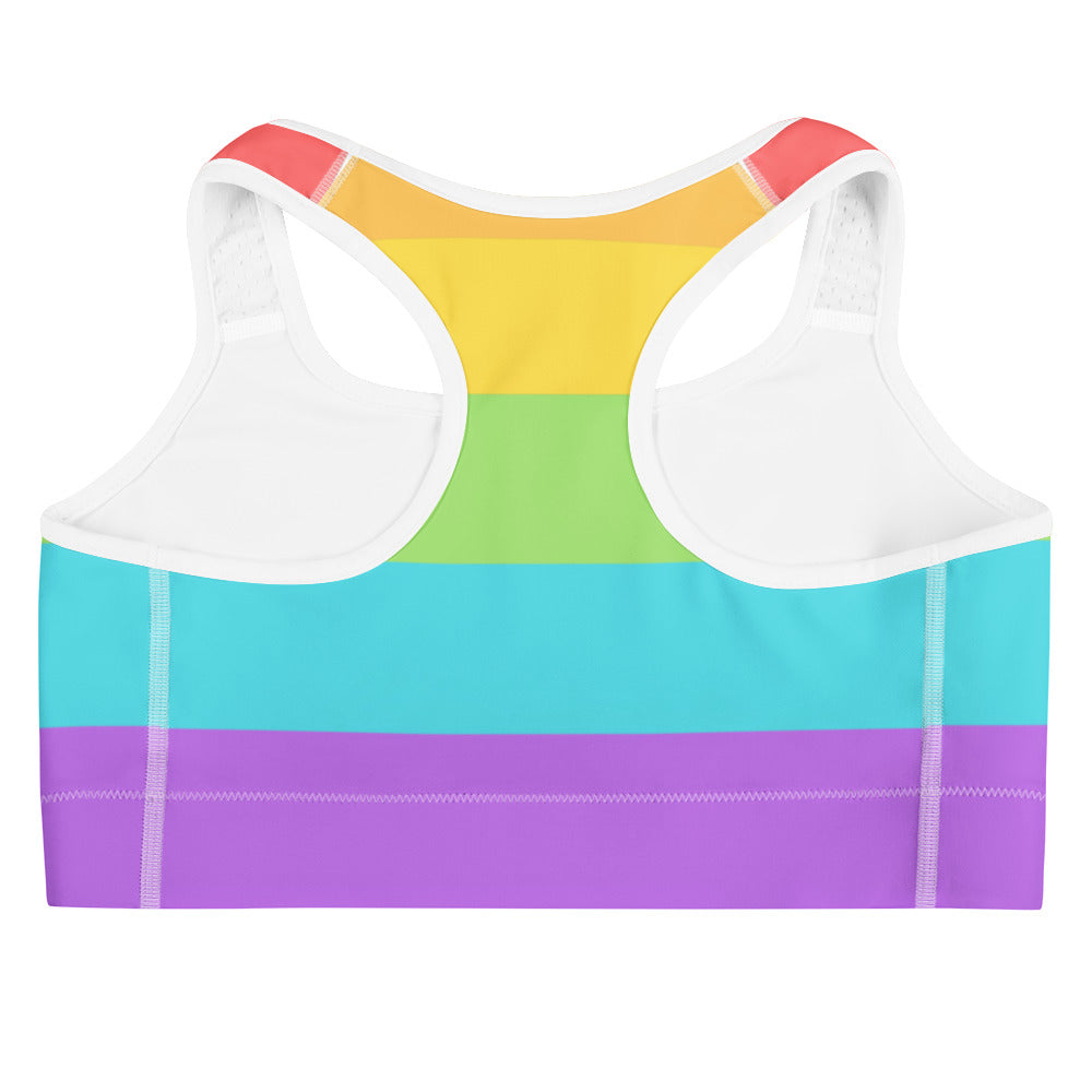 Women’s pride flag rainbow quick drying sports bra with white trim and racerback design showing the back side