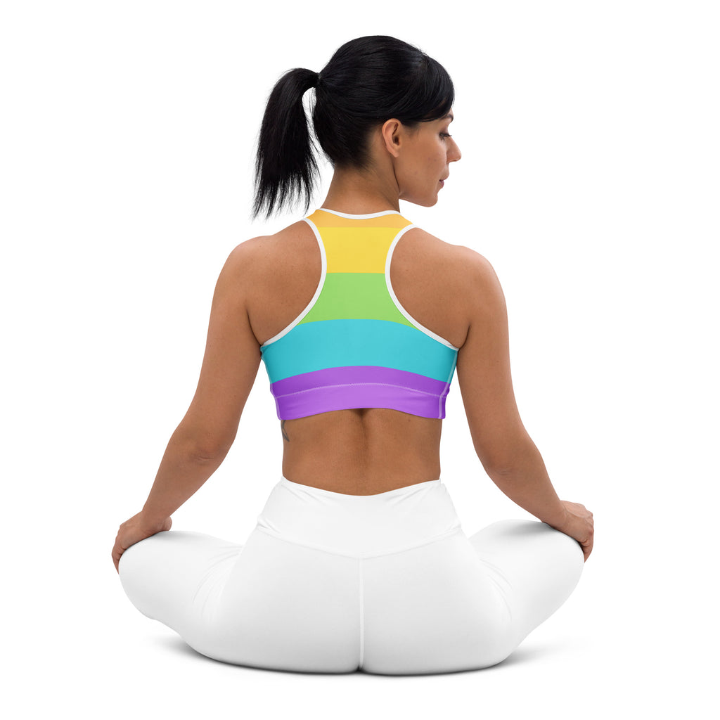 Women’s pride flag rainbow quick drying sports bra with rainbow stripes white trim and stretchy fabric