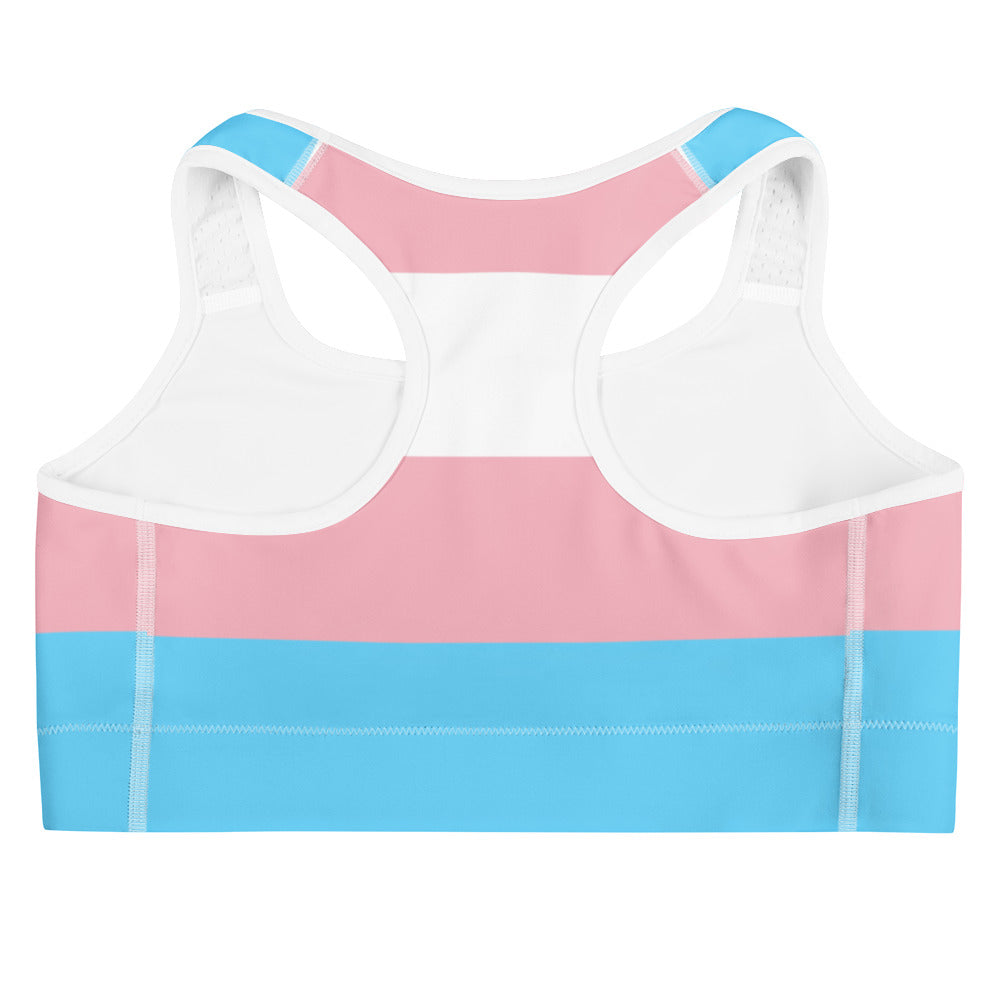 Women’s trans flag quick drying sports bra with pink white and light blue stripes in stretchy fabric with supportive straps
