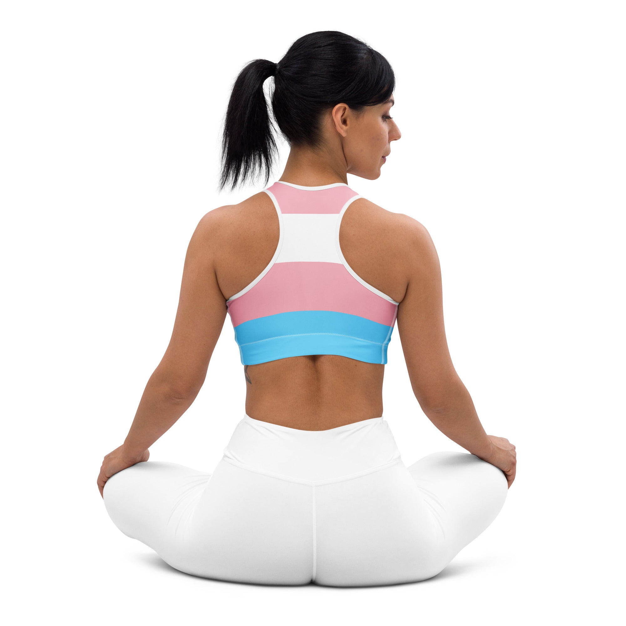 Women’s trans flag quick drying sports bra in pink white and light blue with racerback design