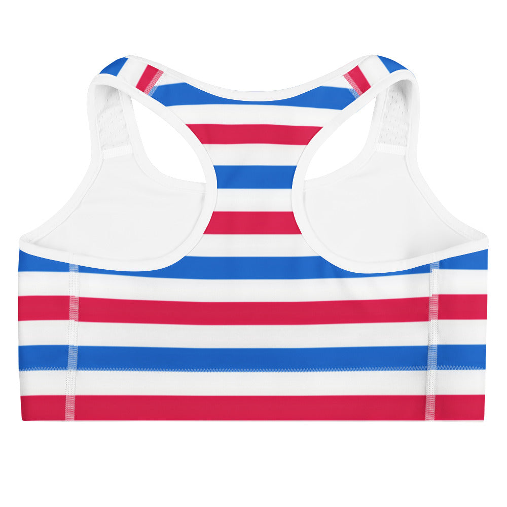 Women’s red white and blue quick drying sports bra with bold horizontal stripes and supportive design