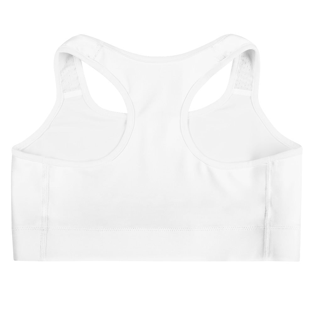 White racerback women’s usa quick drying sports bra with seamless construction and subtle side seams