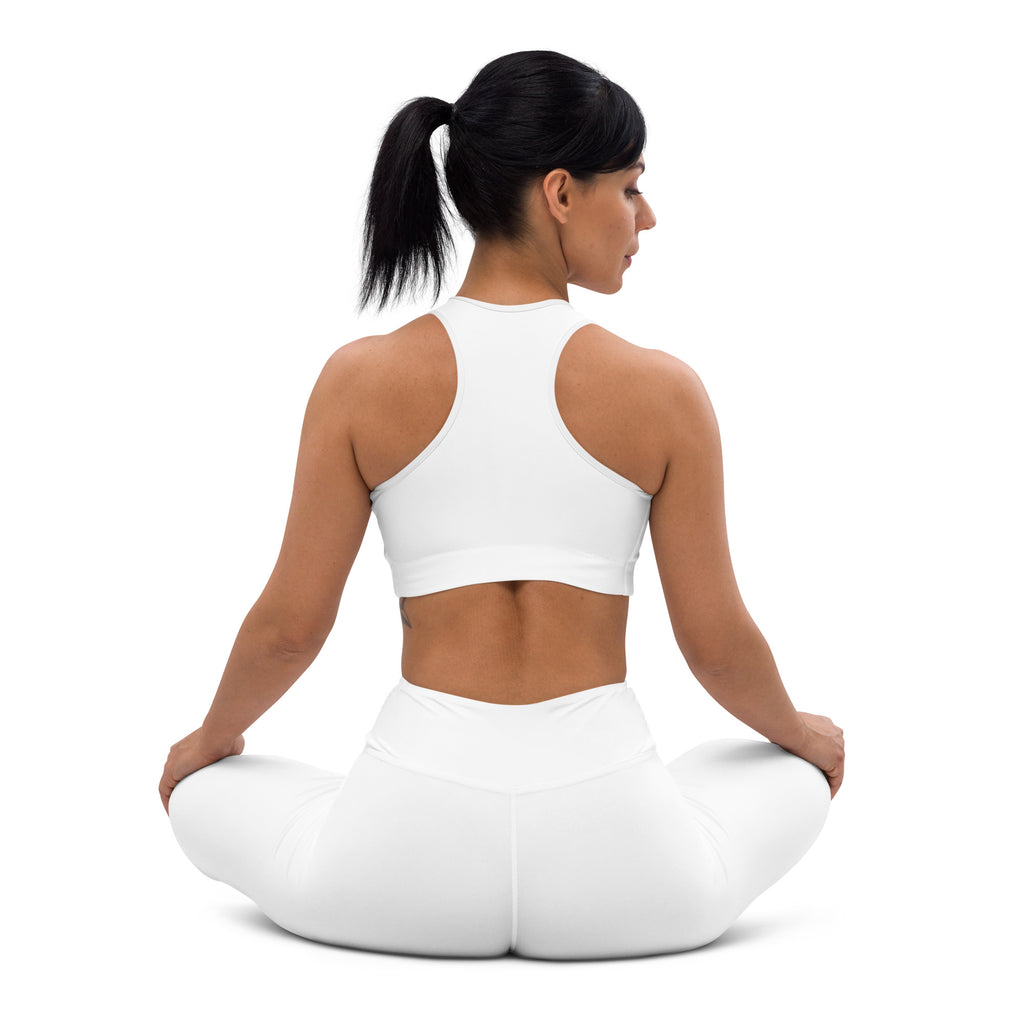 White seamless women’s USA quick drying sports bra with racerback design for athletic use shown from the back