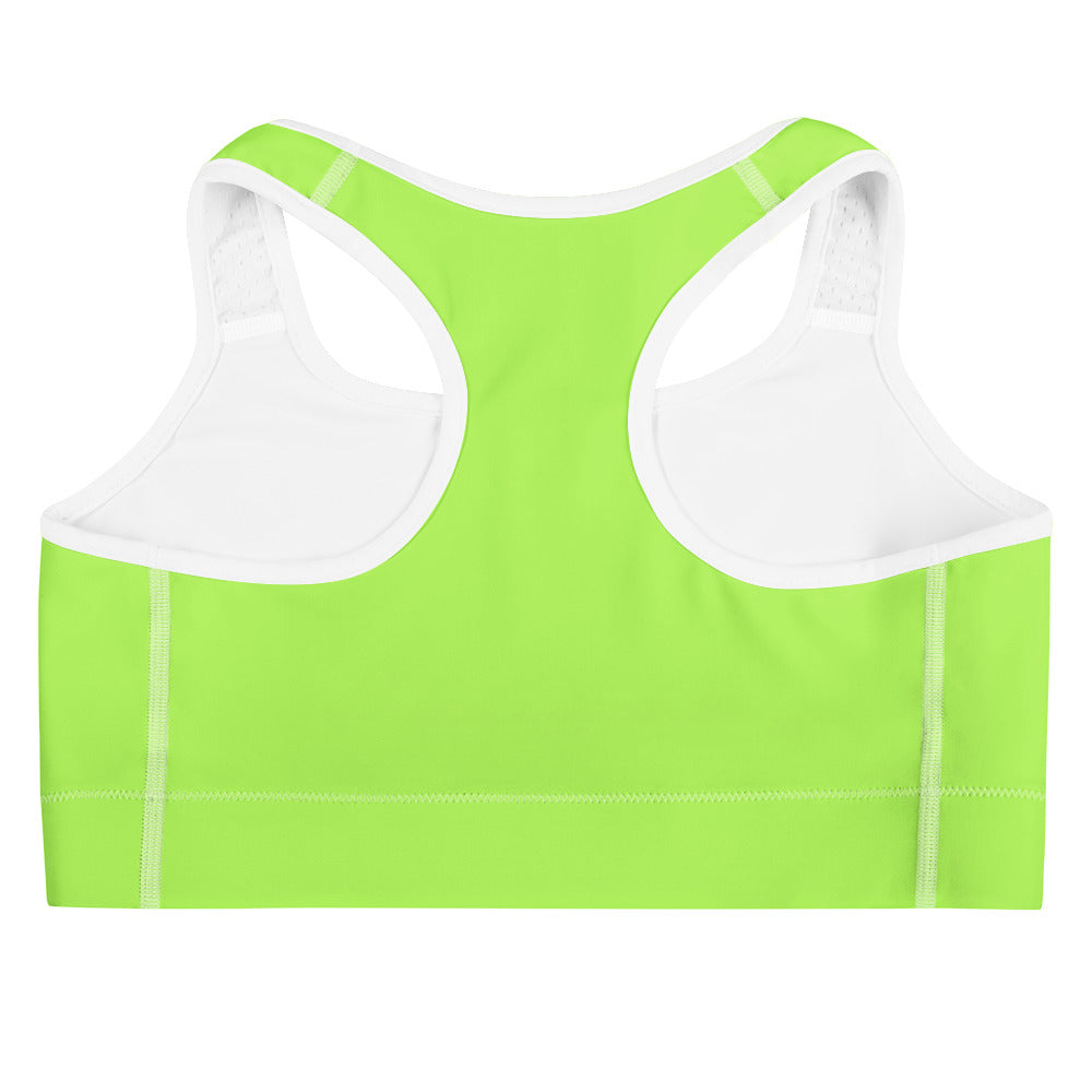 Women’s lime green quick drying sports bra with white trim and racerback design shown from the back side