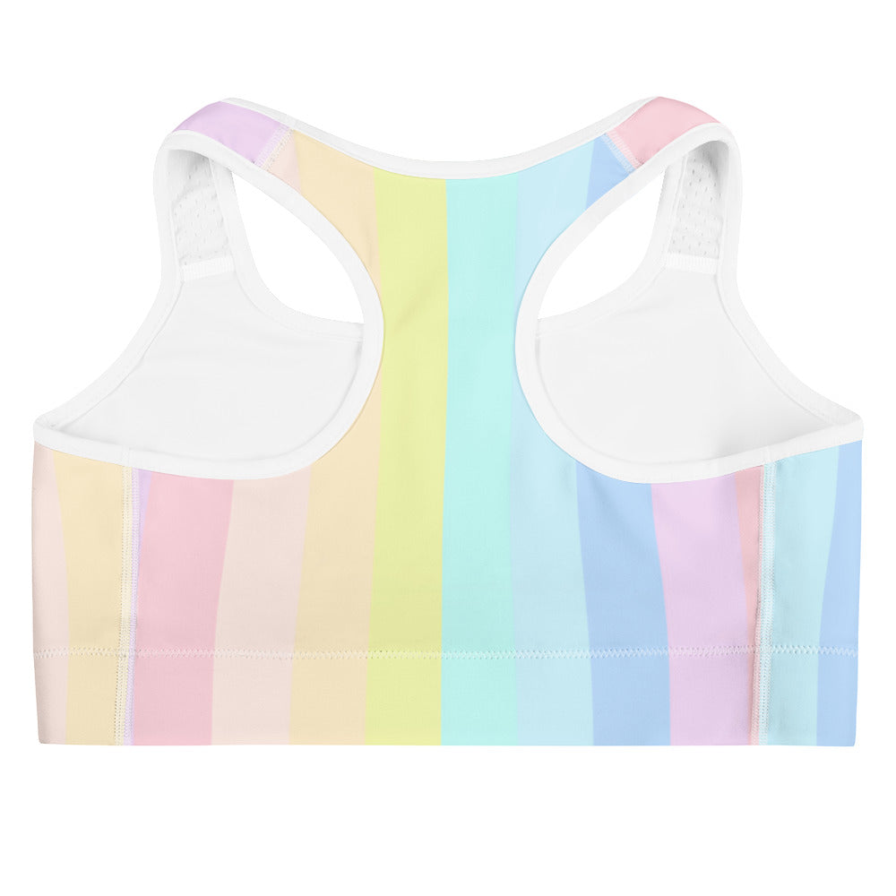 Women’s pastel rainbow striped quick drying sports bra with white trim for active wear