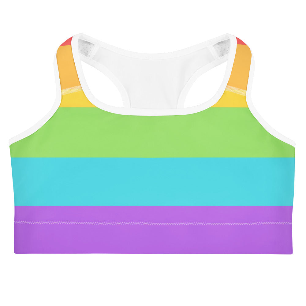 Women’s pride flag rainbow quick drying sports bra with rainbow stripes and white elastic racerback straps shown from back