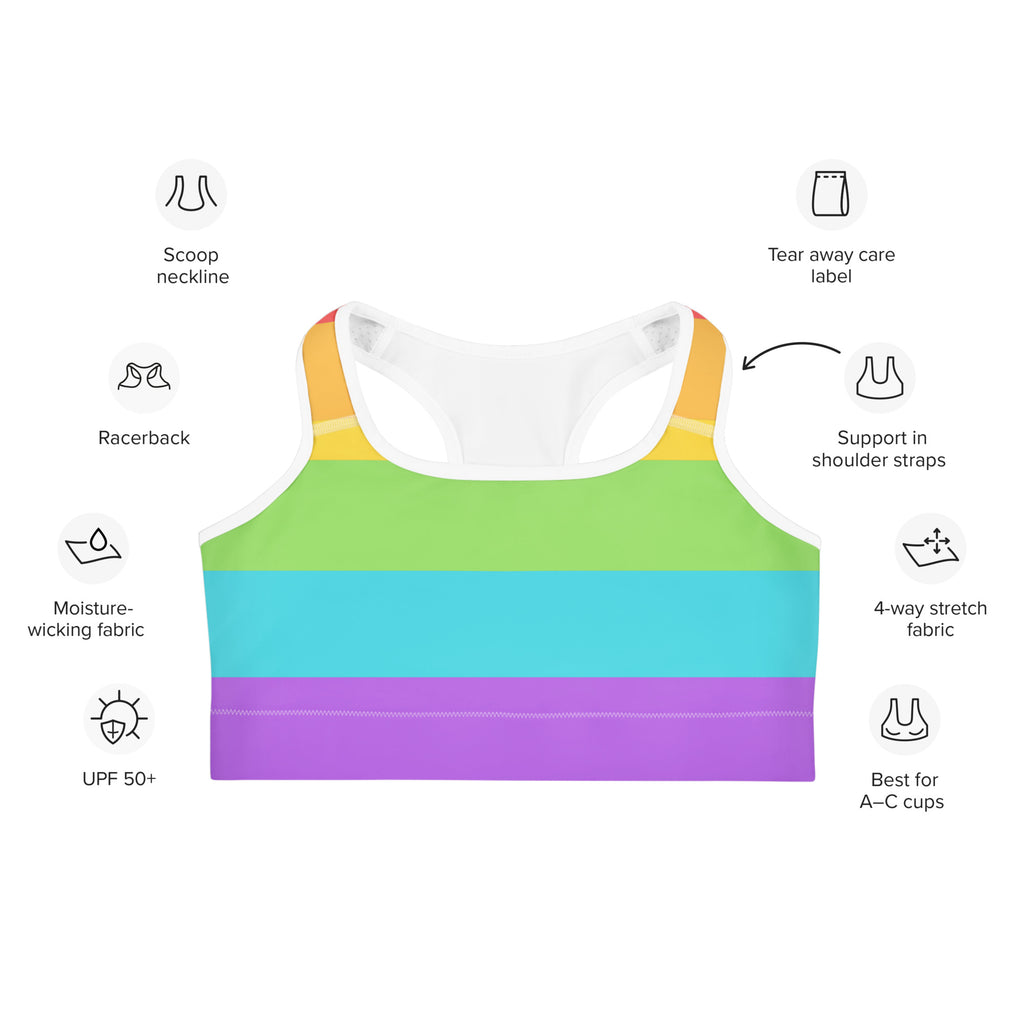 Women’s pride flag rainbow quick drying sports bra with rainbow stripes scoop neckline and moisture wicking fabric