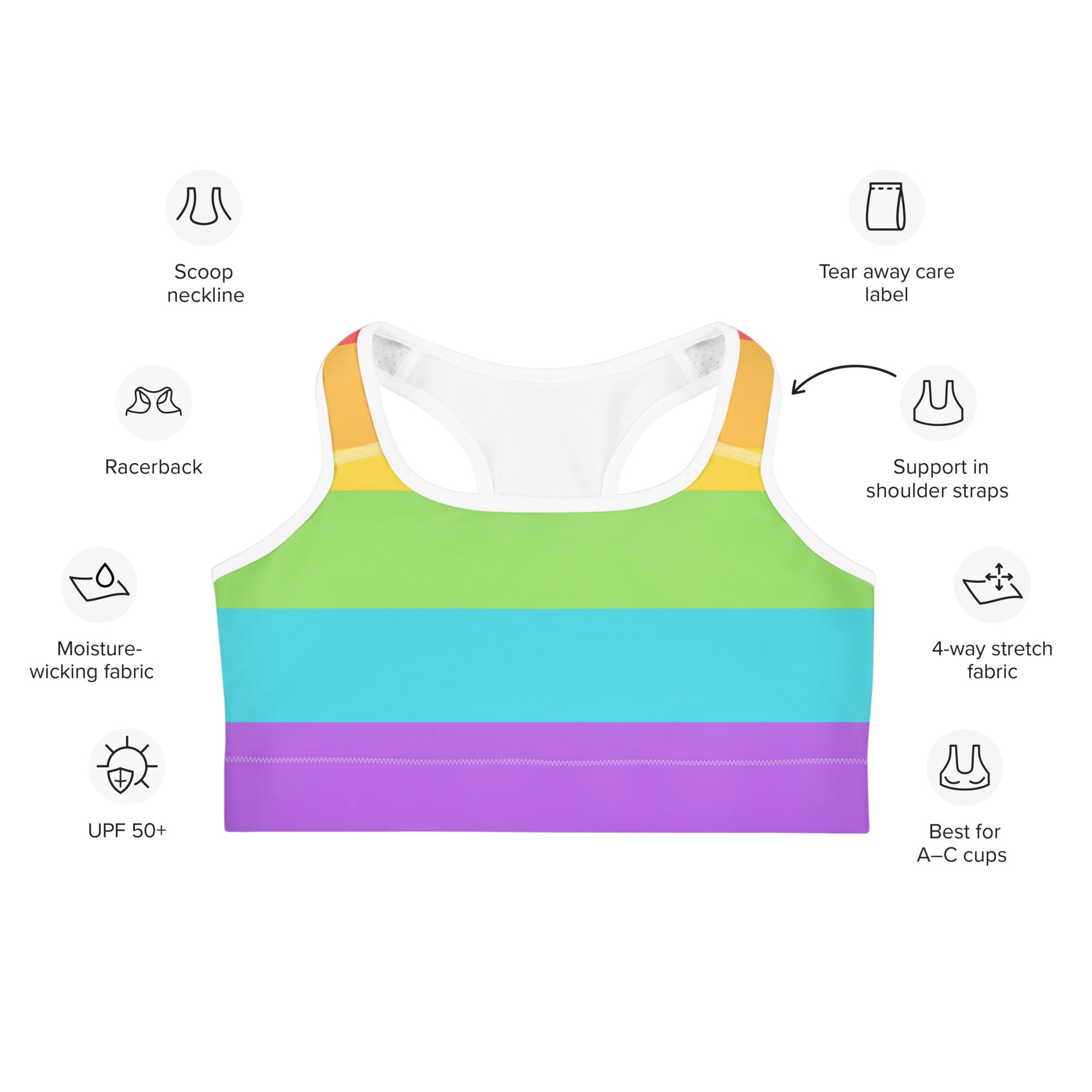 Women’s pride flag rainbow quick drying sports bra with rainbow stripes scoop neckline and moisture wicking fabric