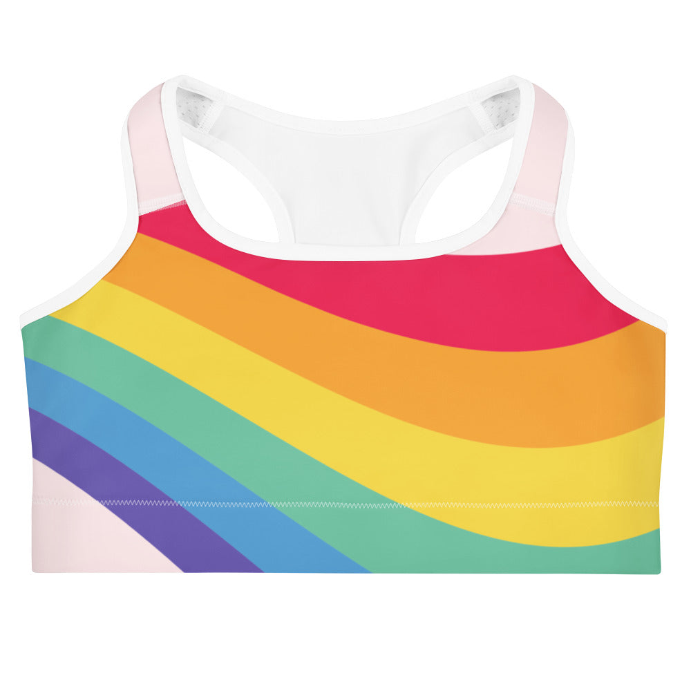 Women’s rainbow wave lgbtq quick drying sports bra with rainbow stripes white racerback and pastel pink trim