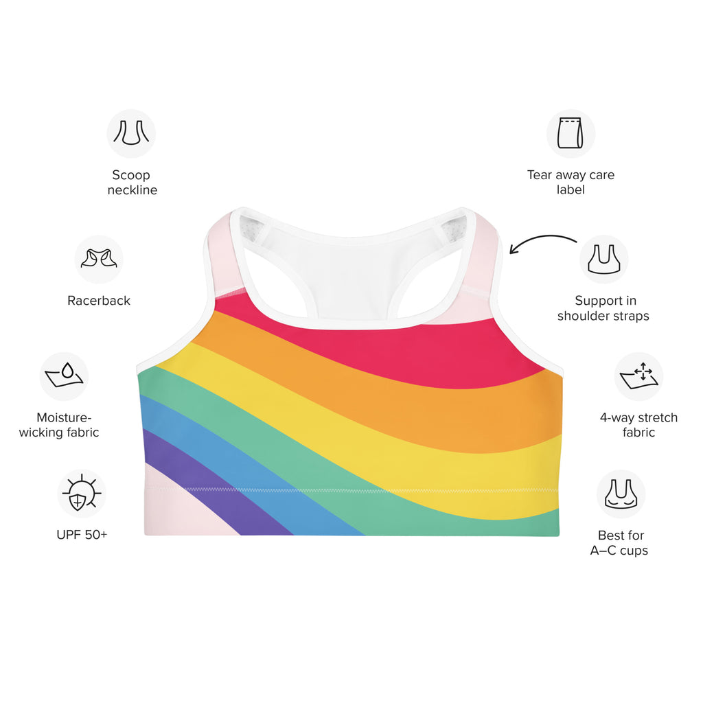 Women’s rainbow wave LGBTQ quick drying sports bra with rainbow stripes scoop neckline and moisture-wicking fabric