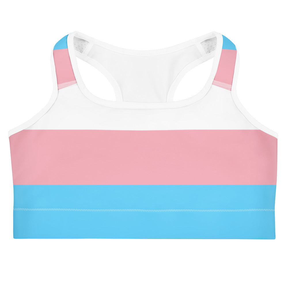 Women’s trans flag quick drying sports bra in white pink and light blue with racerback design shown from the back
