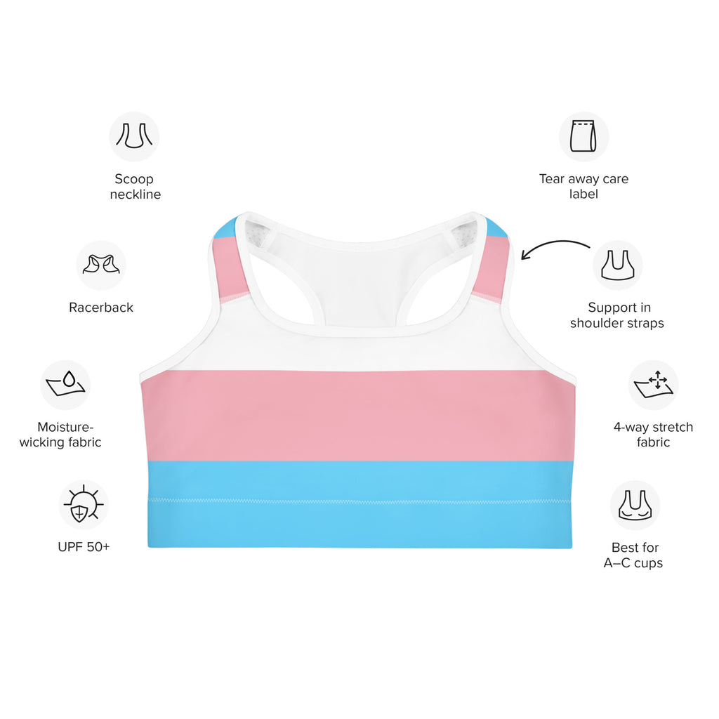Women’s trans flag quick drying racerback sports bra in white pink and light blue with moisture-wicking fabric