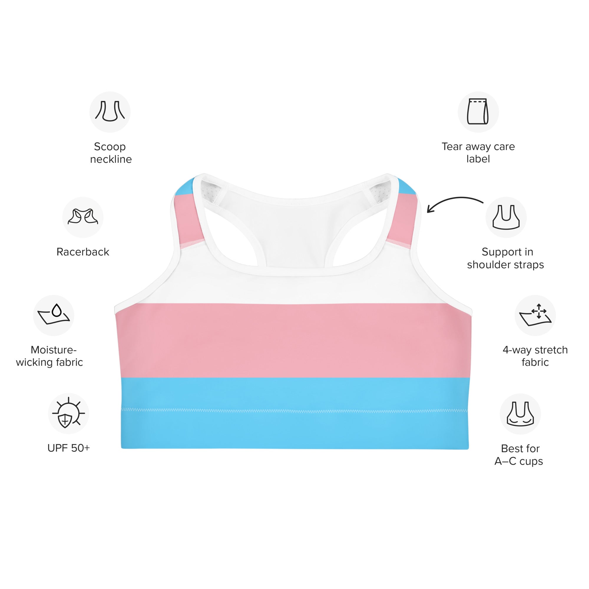 Women’s trans flag quick drying racerback sports bra in white pink and light blue with moisture-wicking fabric