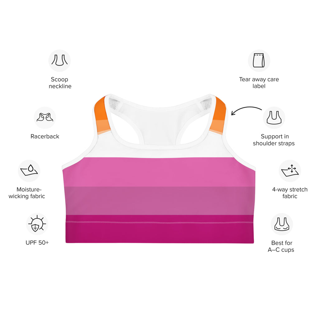 Women’s lesbian flag quick drying sports bra in vibrant pink and white stripes with orange trim racerback design