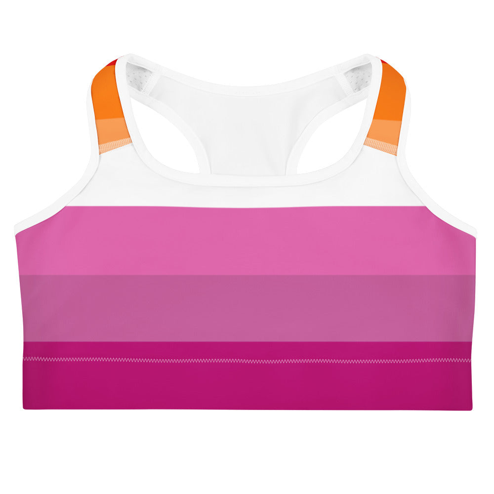 Women’s lesbian flag quick drying sports bra in vibrant pink and white stripes with orange shoulder strap accents