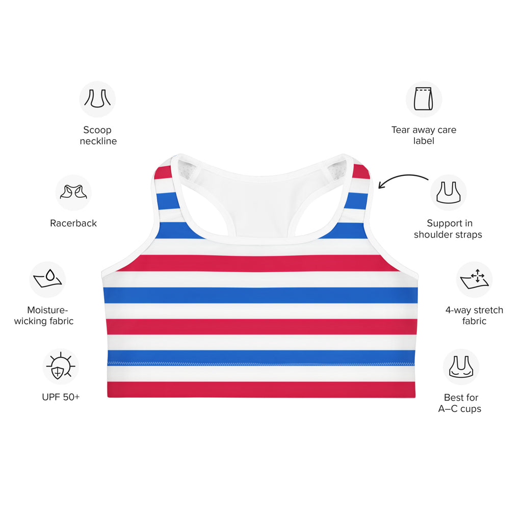 Women’s red white and blue quick drying sports bra with horizontal stripes racerback and scoop neckline