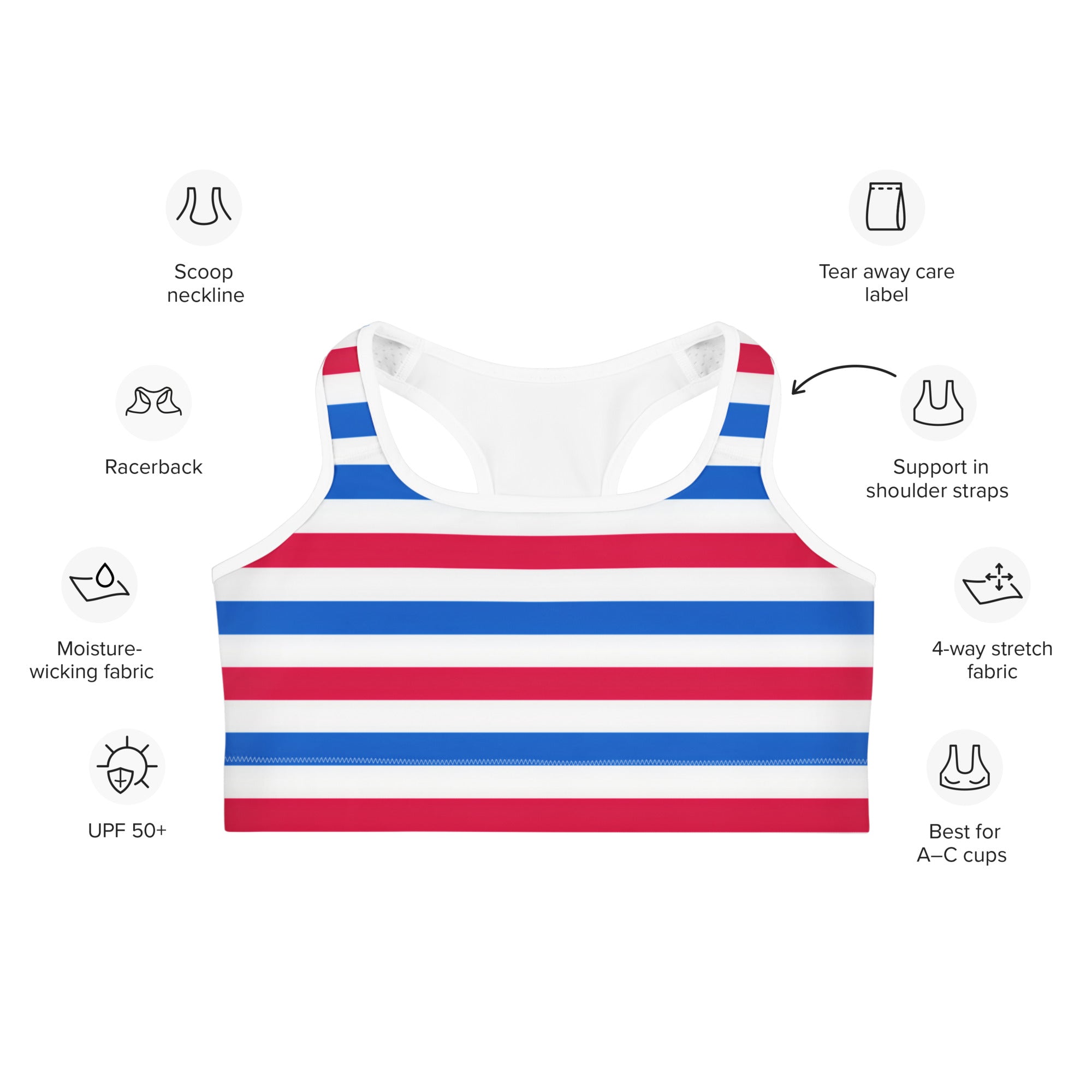 Women’s red white and blue quick drying sports bra with horizontal stripes racerback and scoop neckline