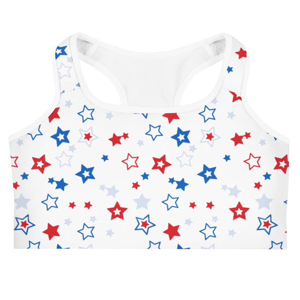 White quick drying sports bra with red blue and gray stars pattern for women activewear