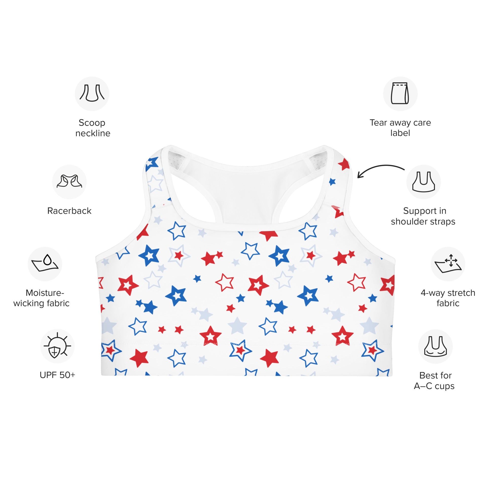 White quick drying women’s sports bra with red blue and silver star pattern for active wear