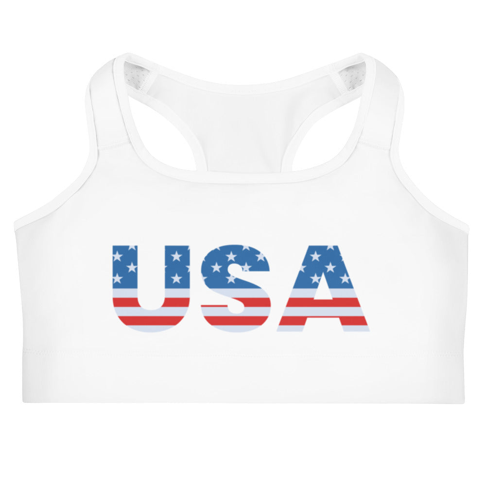 White women’s usa quick drying sports bra with bold usa lettering featuring american flag stars and stripes design