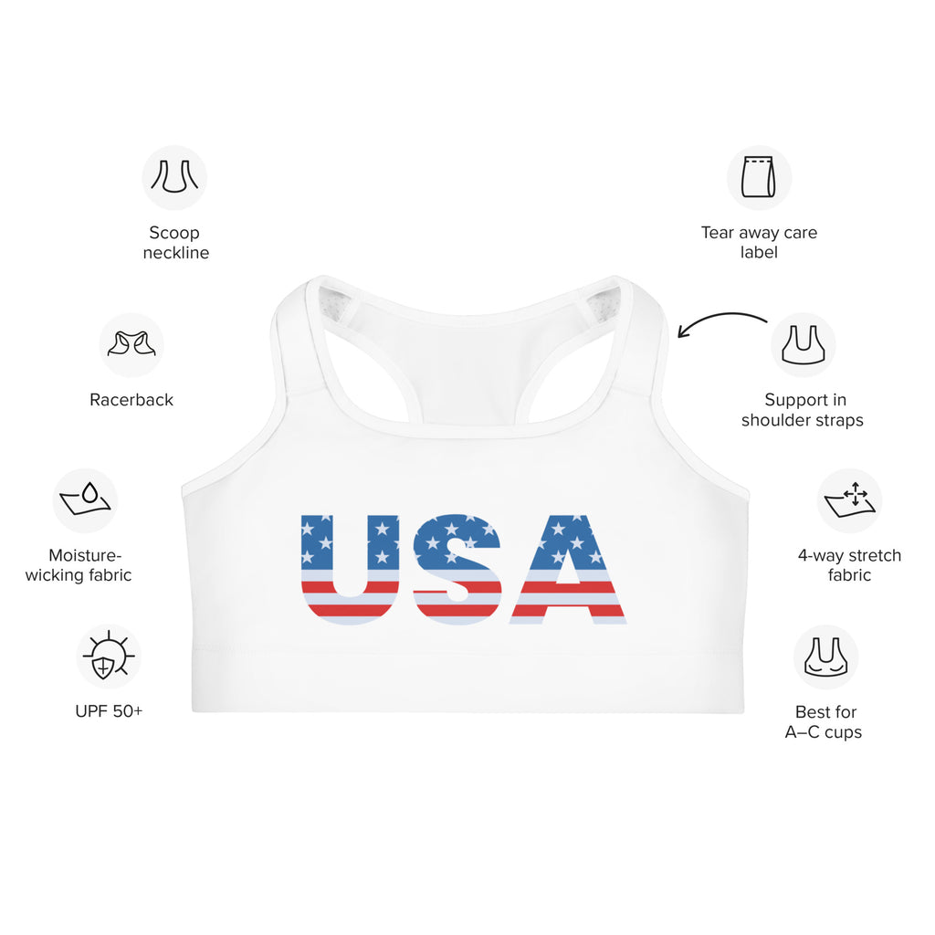 White racerback quick drying sports bra with bold USA flag design for women activewear and fitness use