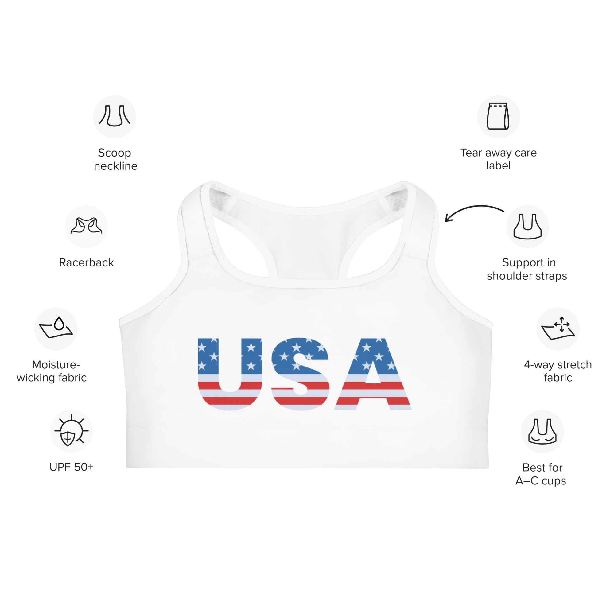 White racerback quick drying sports bra with bold USA flag design for women activewear and fitness use