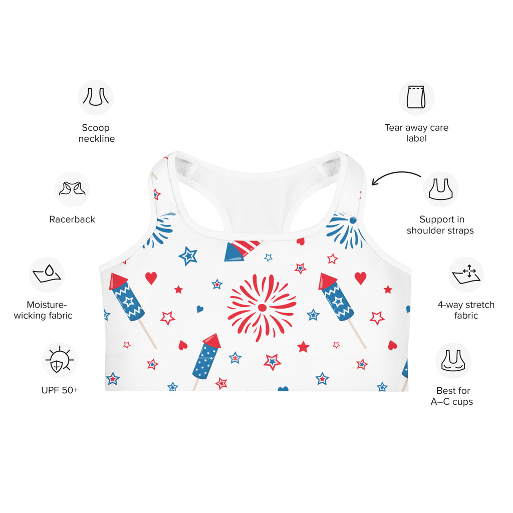 White racerback quick drying sports bra with festive red and blue fireworks and star pattern for women