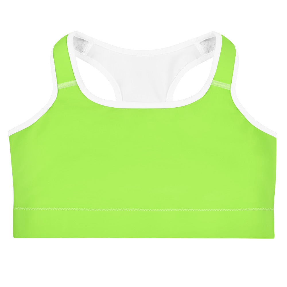 Bright neon green quick drying sports bra with white trim and racerback design for women’s activewear