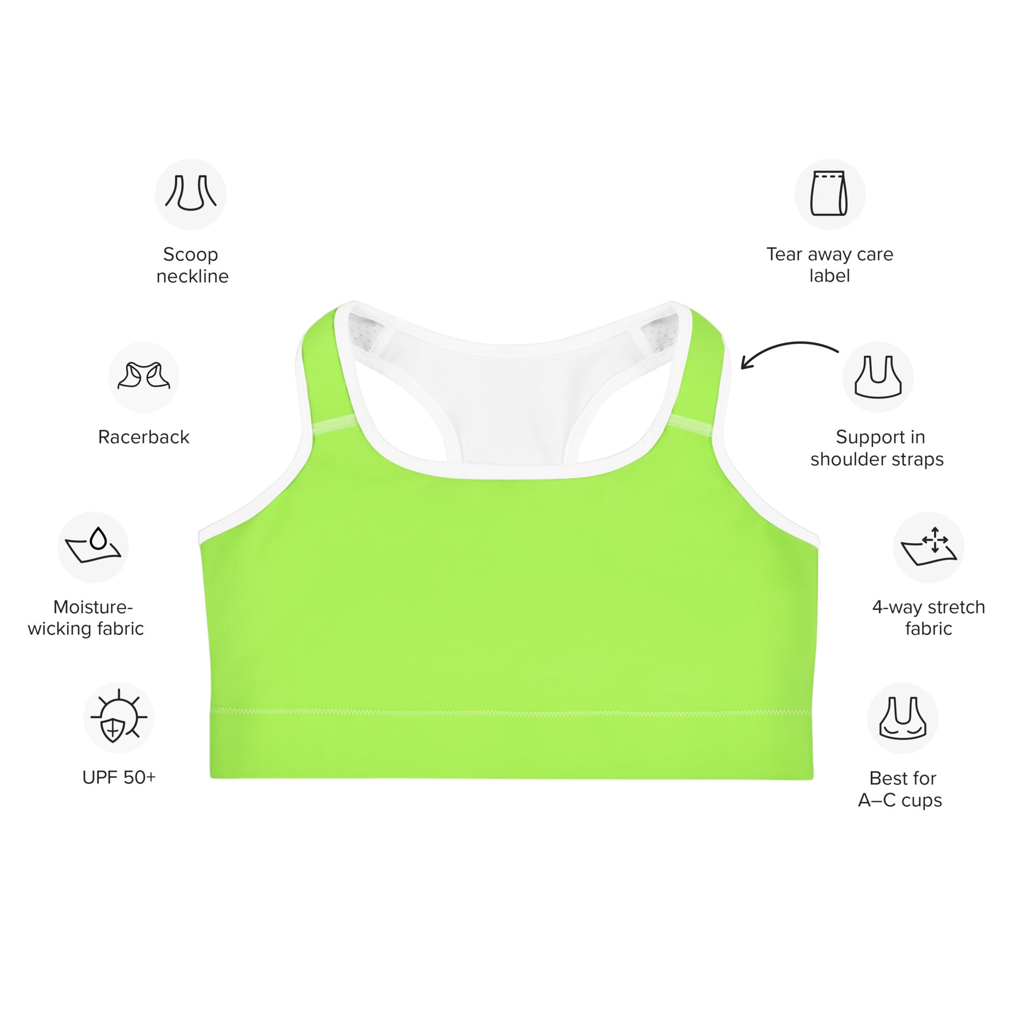 Bright lime green women’s sports bra with white scoop neckline racerback made from moisture-wicking 4-way stretch fabric