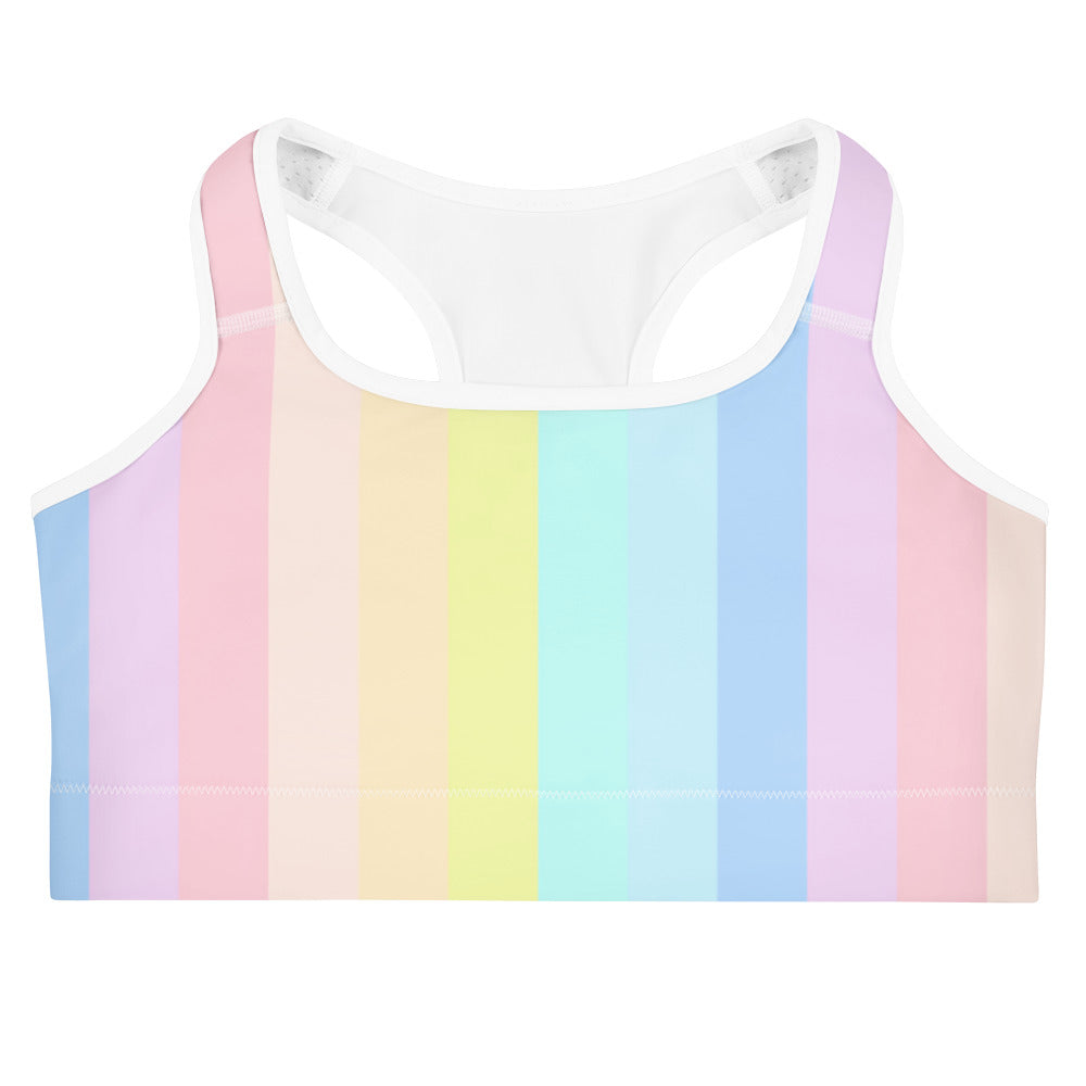 Women’s pastel rainbow stripe quick drying sports bra with white trim designed for active wear and comfort