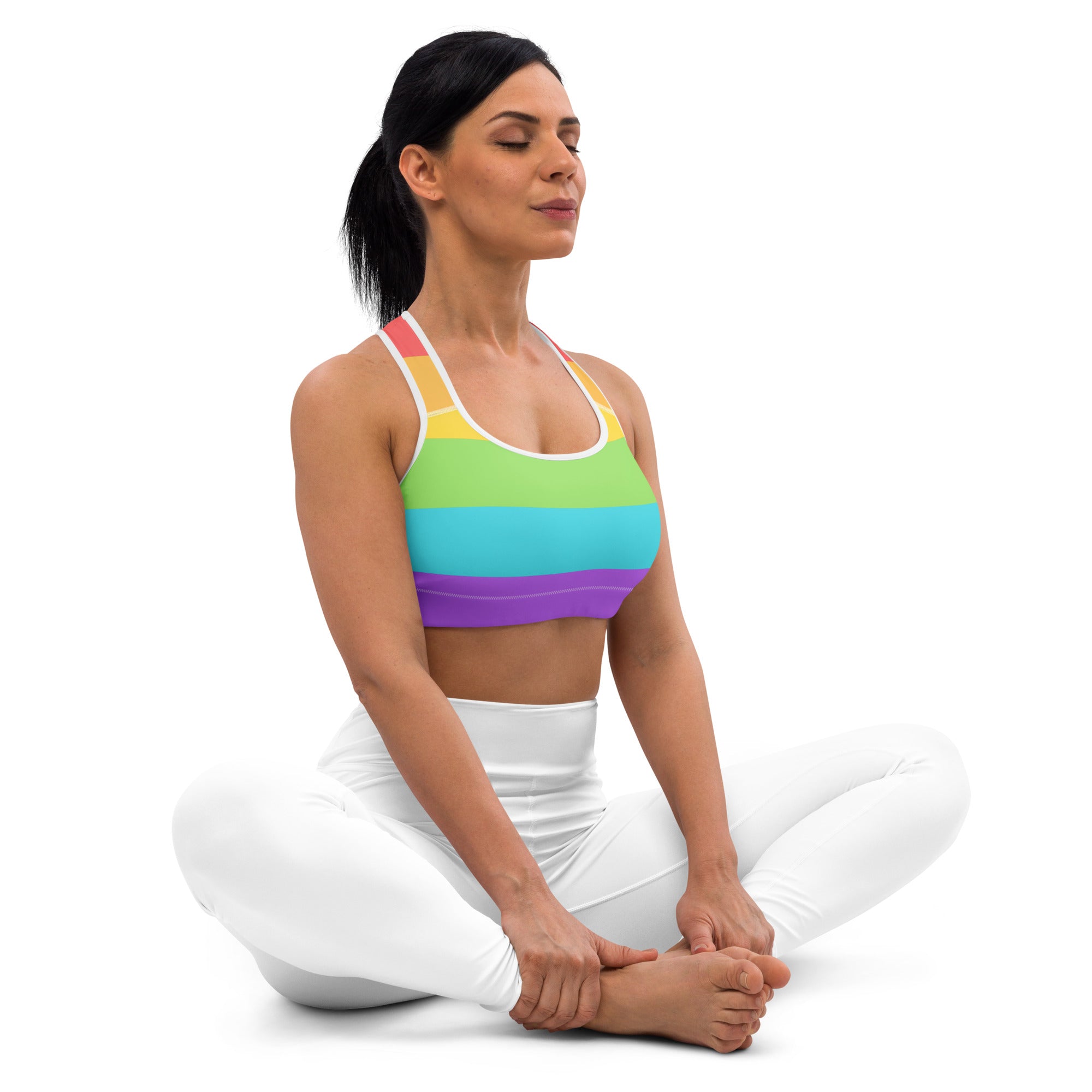Women’s pride flag rainbow quick drying sports bra with rainbow stripes white trim and stretchy fabric