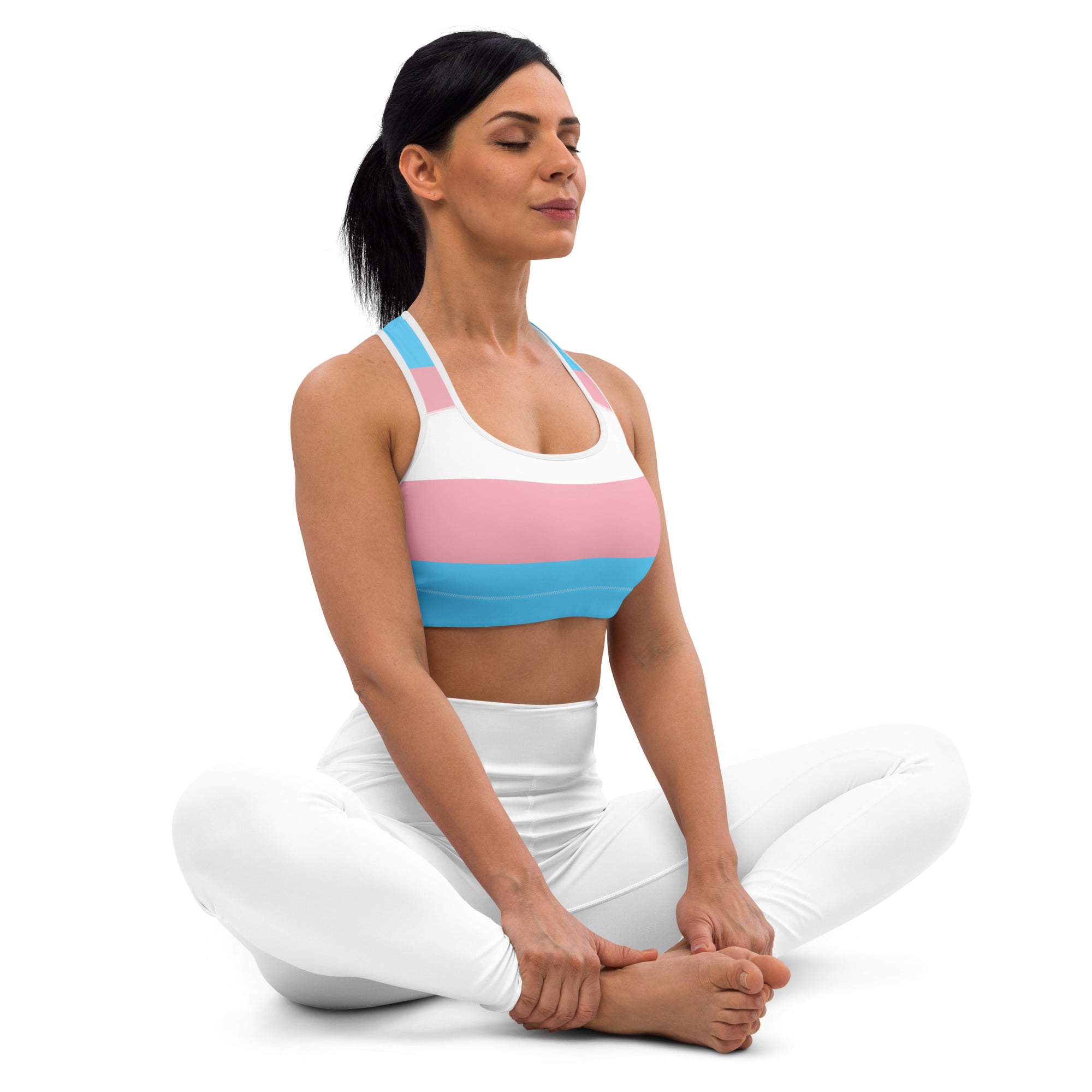 Women’s trans flag quick drying sports bra with horizontal white pink and light blue stripes in stretchy fabric