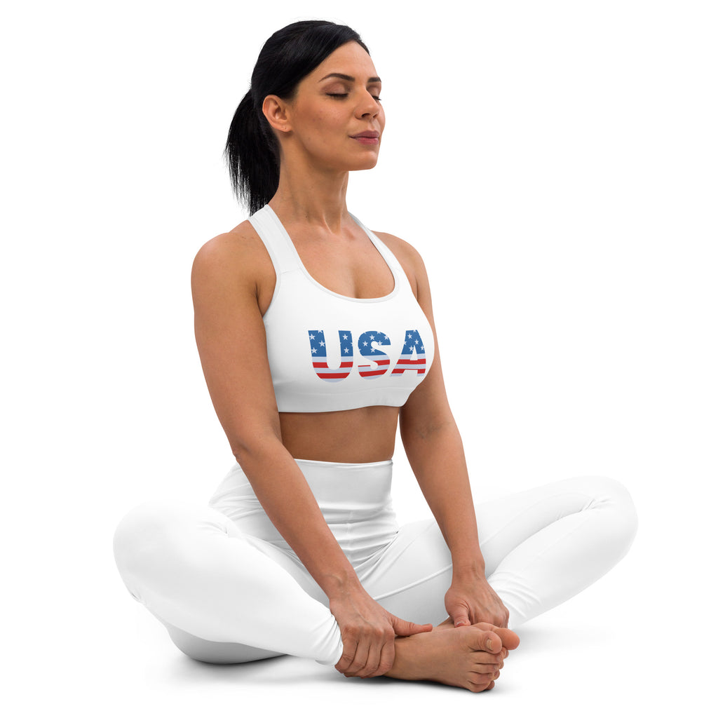 White quick drying sports bra for women with usa flag design across the chest for athletic use