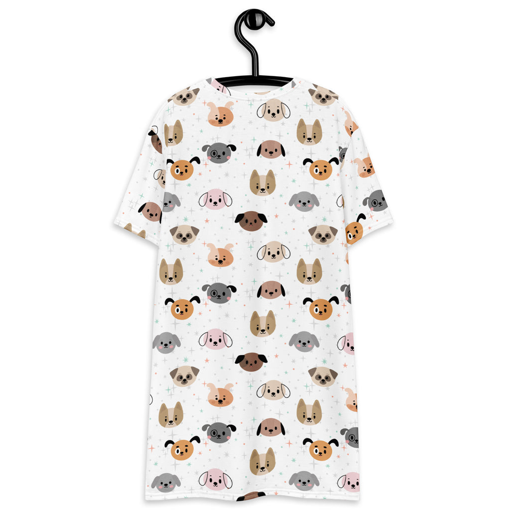 White women’s short-sleeved t-shirt dress featuring a playful multicolored cartoon dog face pattern