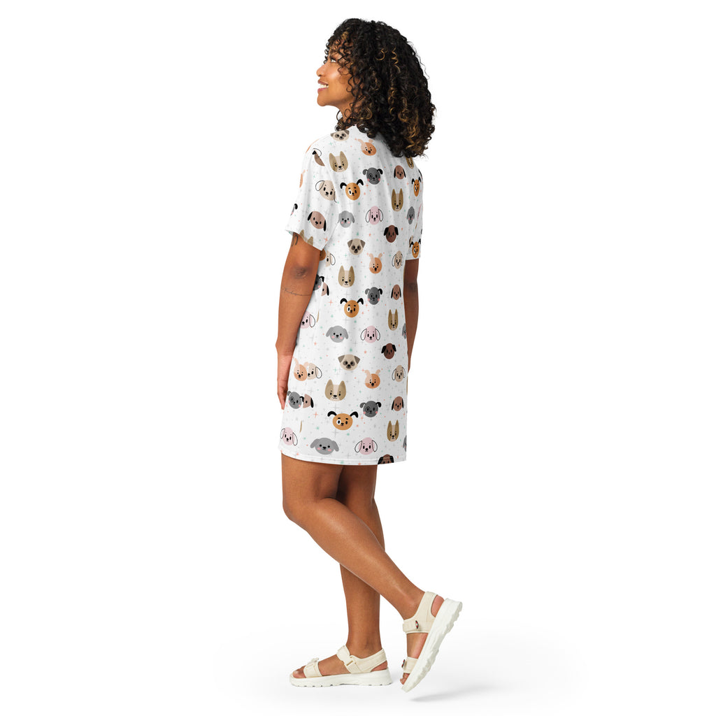 Women’s white short-sleeved t-shirt dress with colorful cartoon dog face pattern for casual wear