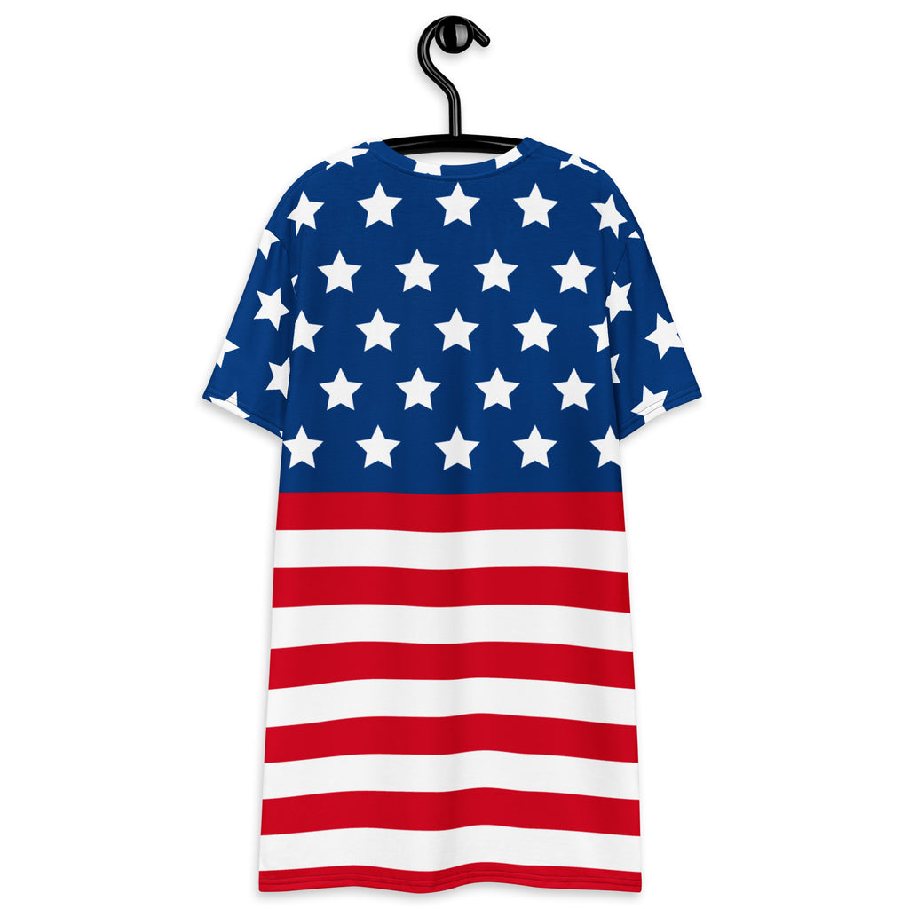 Women’s american flag t-shirt dress in blue and red with white stars and stripes short sleeves patriotic design
