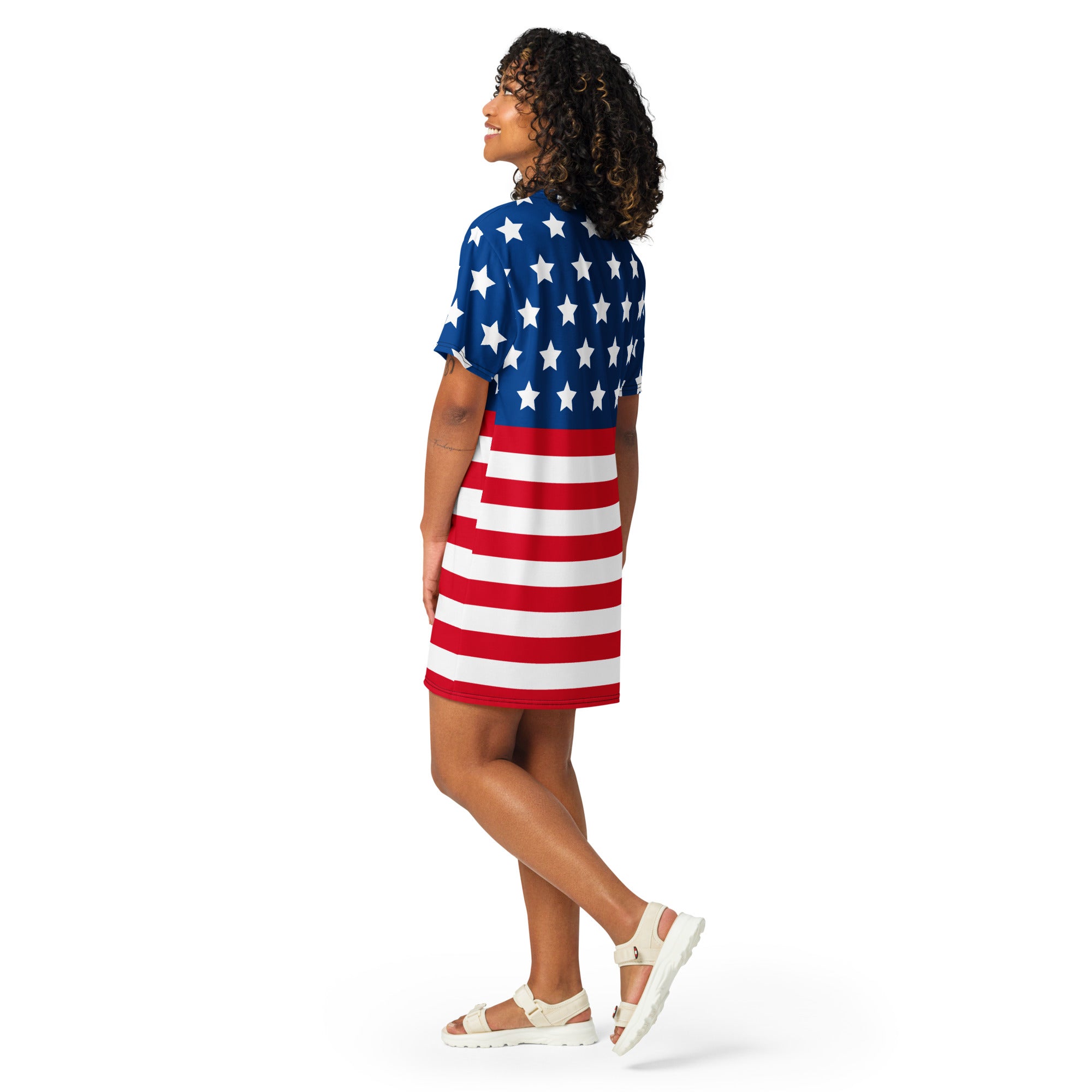 Women’s American flag t-shirt dress with short sleeves and knee-length featuring blue stars and red white stripes print