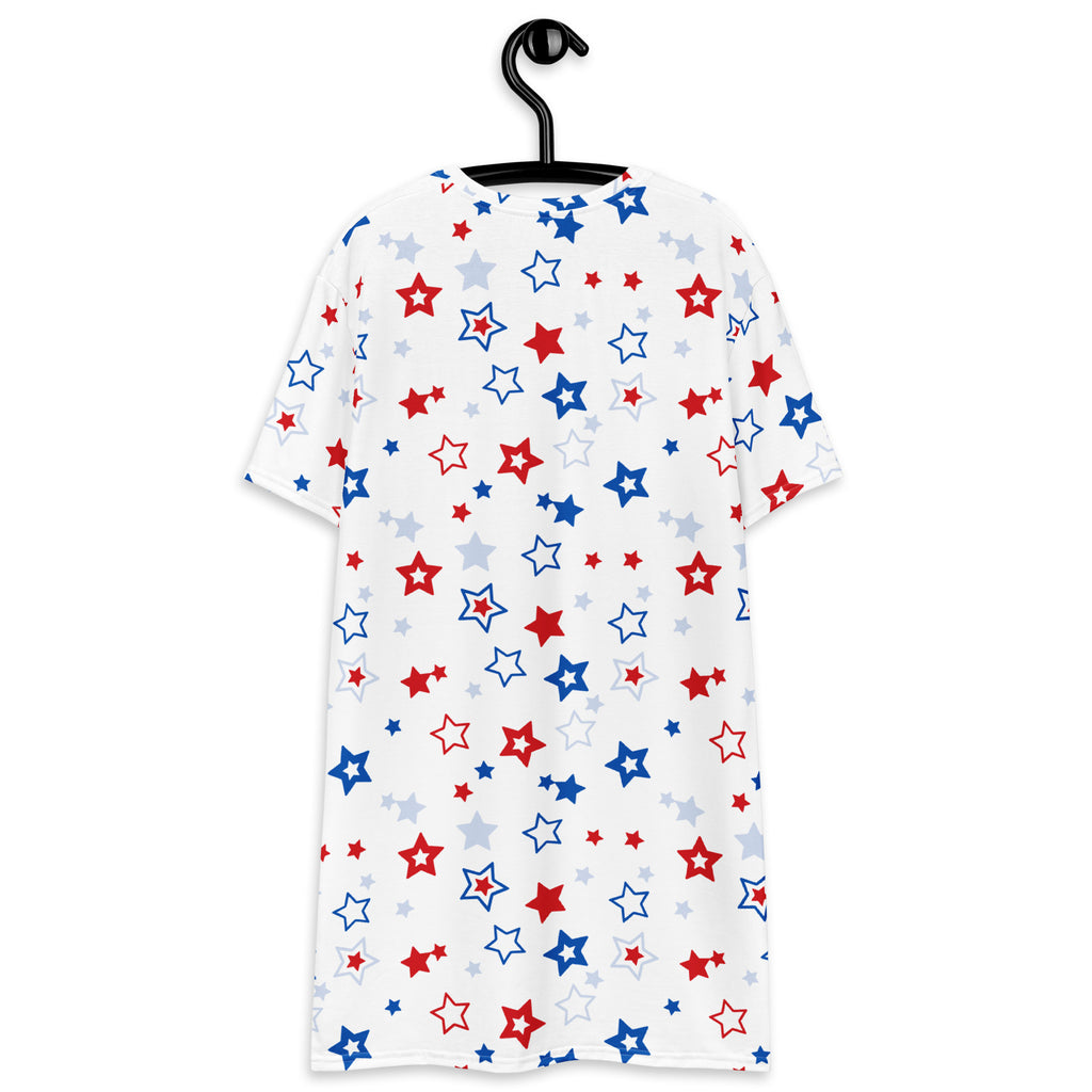White short-sleeved t-shirt dress with red and blue star pattern for women patriotic casual wear