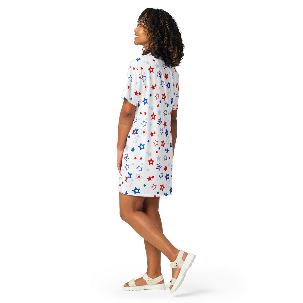 Women’s short-sleeve t-shirt dress with red and blue star pattern on white fabric perfect for casual usa style