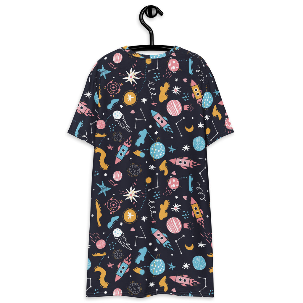 Women’s outer space t-shirt dress in dark navy with colorful playful rockets planets stars and constellations print