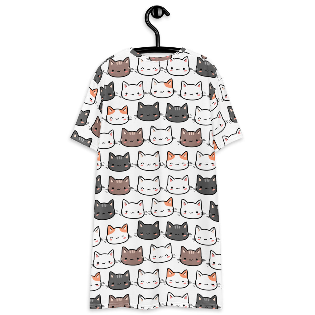 White short-sleeved women’s t-shirt dress with colorful cartoon cat face pattern for casual wear