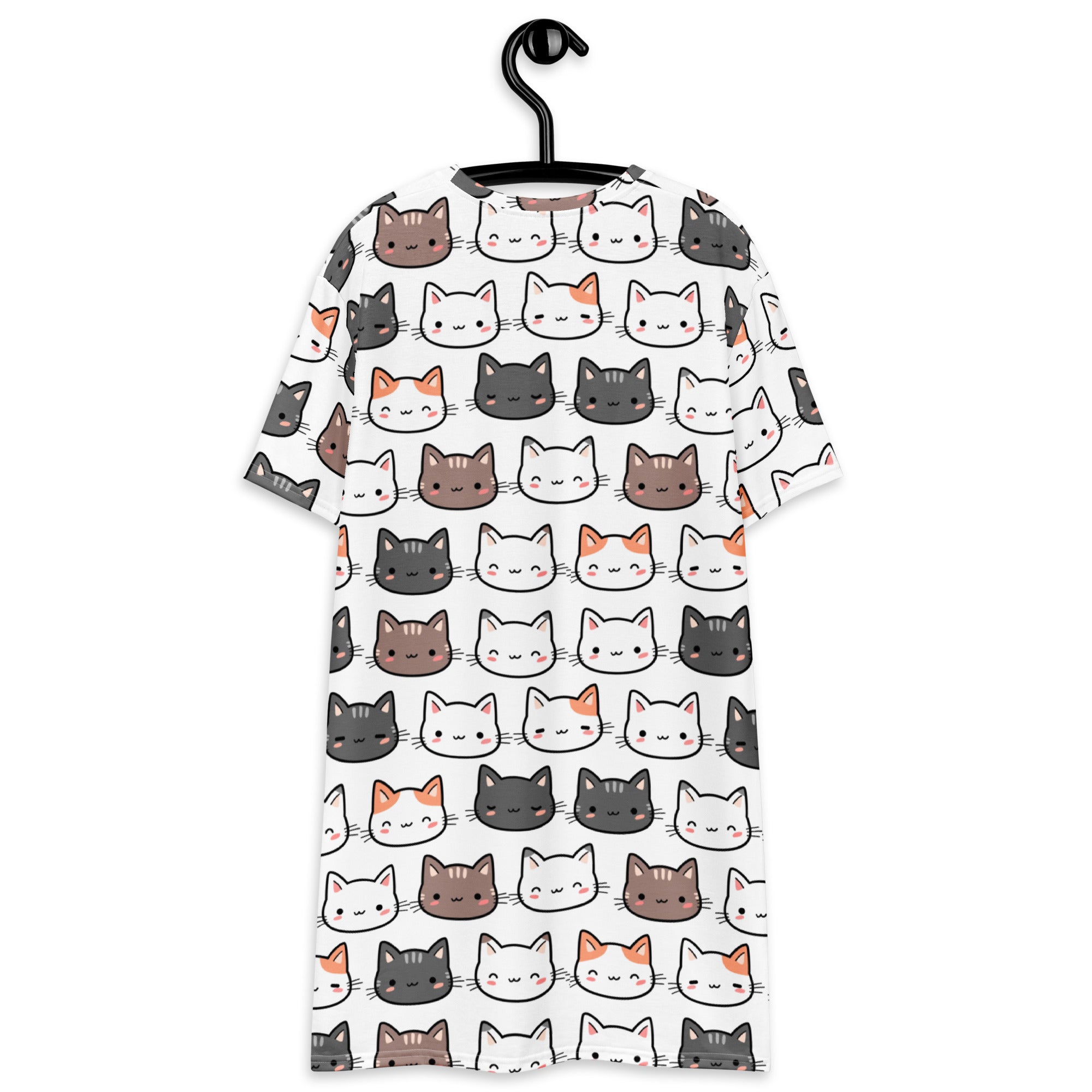White short-sleeved women’s t-shirt dress with colorful cartoon cat face pattern for casual wear